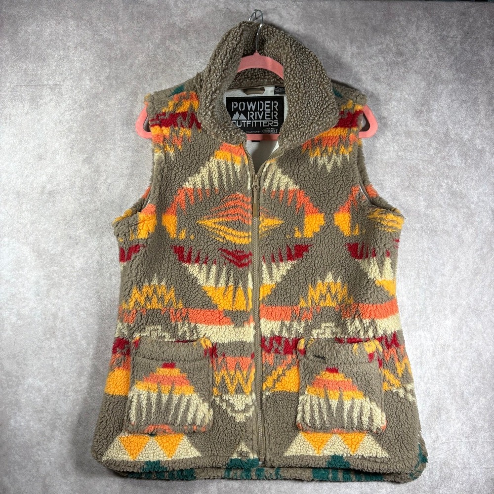 Powder River Outfitters Jacquard Berber Fleece Vest Womens Large Brown Aztec